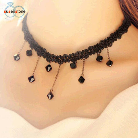 SUSENSTONE Droplets Fall Fashion Black Lace Crochet Beads Necklace Collarbone