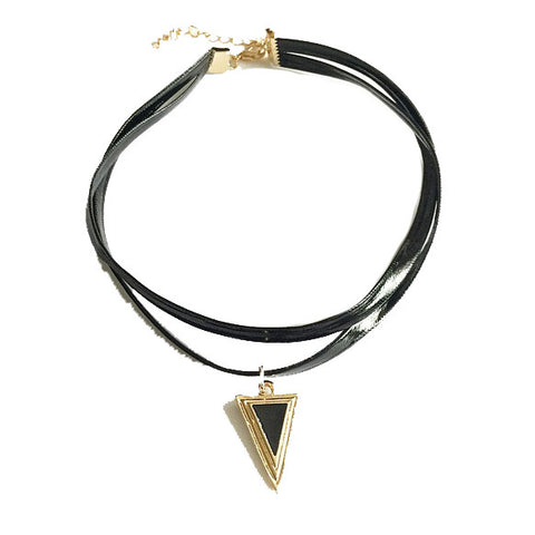 Retro Women's Triangle Rhinestones Leather Chain Pendant Necklace