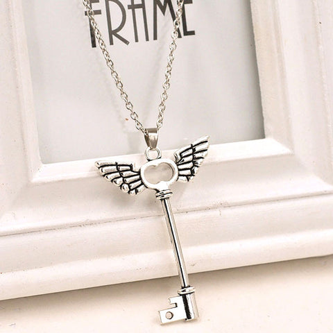 Angel wings Key Friendship Pendant Long Chain Silver Necklace Jewelry
