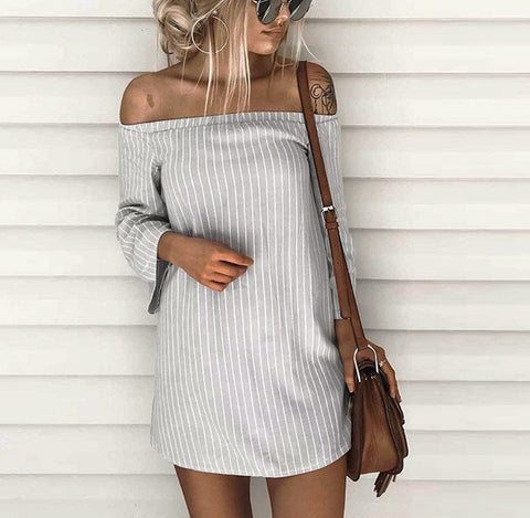 Off Shoulder Dress Sexy Pullover Striped Shirt Dress Slash Neck